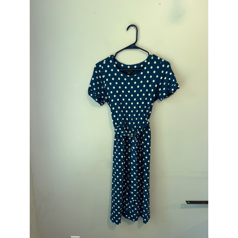 J. Jill Wearever Teal Blue Polka Dot Knit Midi Dress Short Sleeve Small RN 97641
